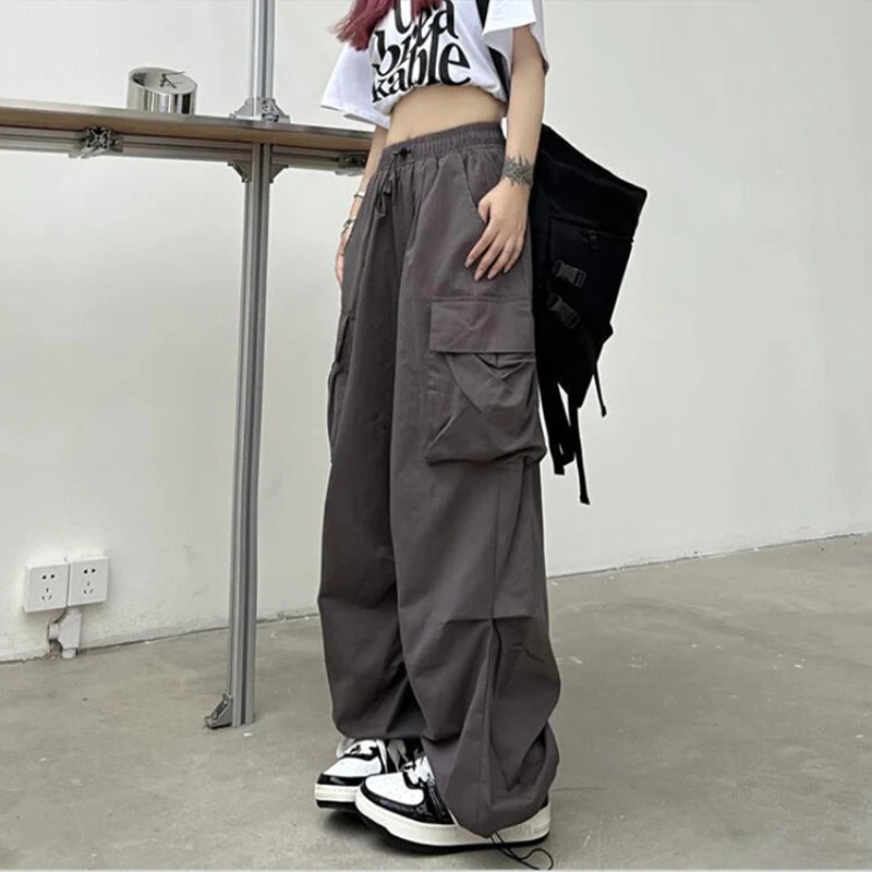 Women Casual Baggy Cargo Pants Solid Low Waist Joggers Tech Pants Drawstring Wide Leg Baggy Trousers Y2K Streetwear Sweatpants - Azara