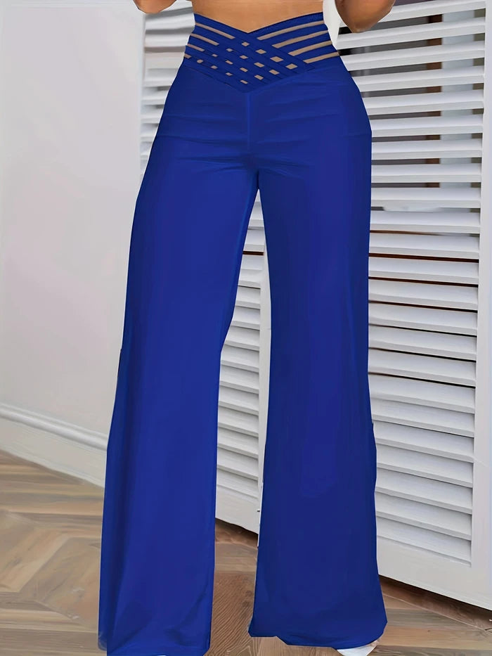 Women Wide Leg Flared Pants 2024 New Y2k Casual Crisscross Sheer Mesh Patch High Waist Trousers Elegant Streetwear Work Pants - Azara
