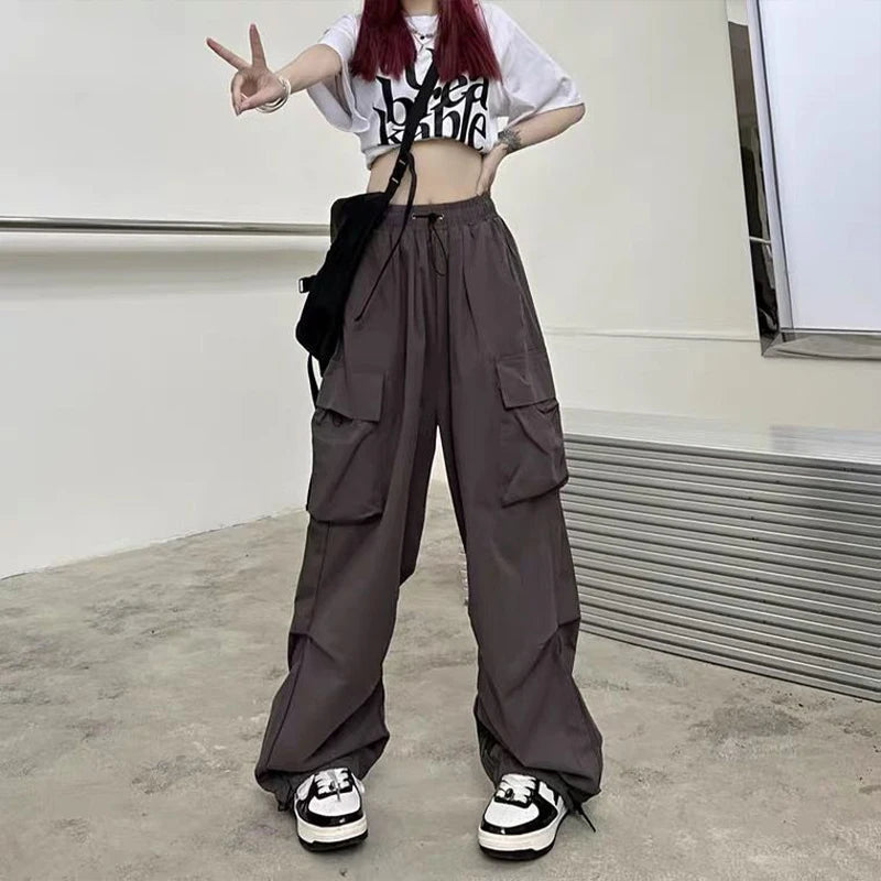 Women Casual Baggy Cargo Pants Solid Low Waist Joggers Tech Pants Drawstring Wide Leg Baggy Trousers Y2K Streetwear Sweatpants - Azara