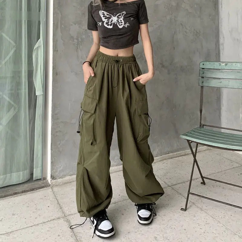 Women Casual Baggy Cargo Pants Solid Low Waist Joggers Tech Pants Drawstring Wide Leg Baggy Trousers Y2K Streetwear Sweatpants - Azara