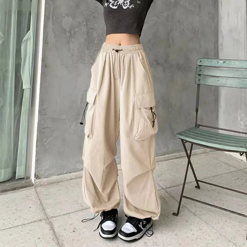 Women Casual Baggy Cargo Pants Solid Low Waist Joggers Tech Pants Drawstring Wide Leg Baggy Trousers Y2K Streetwear Sweatpants - Azara