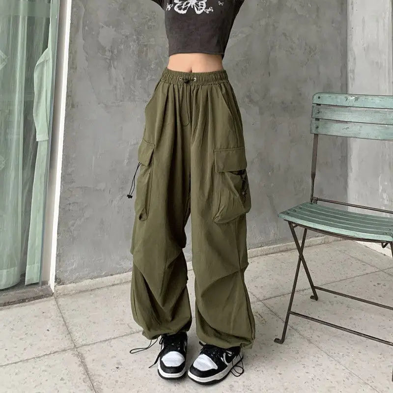 Women Casual Baggy Cargo Pants Solid Low Waist Joggers Tech Pants Drawstring Wide Leg Baggy Trousers Y2K Streetwear Sweatpants - Azara