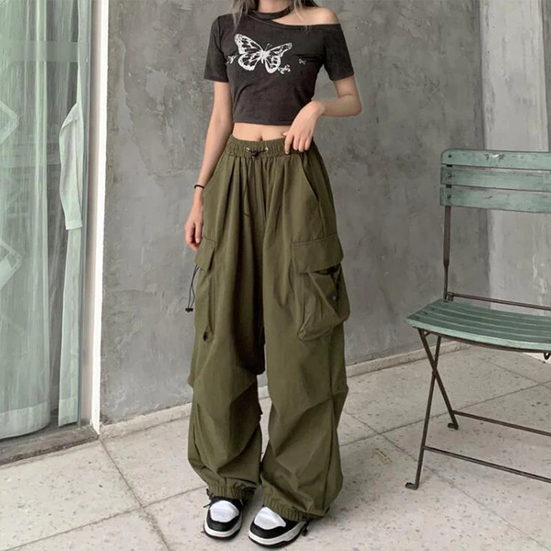 Women Casual Baggy Cargo Pants Solid Low Waist Joggers Tech Pants Drawstring Wide Leg Baggy Trousers Y2K Streetwear Sweatpants - Azara