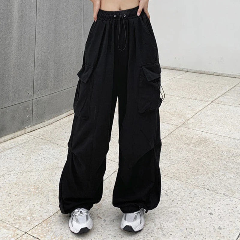Women Casual Baggy Cargo Pants Solid Low Waist Joggers Tech Pants Drawstring Wide Leg Baggy Trousers Y2K Streetwear Sweatpants - Azara