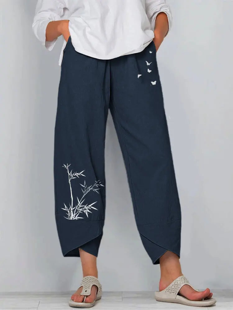 Vintage Print Women Pants Fashion Irregular Casual High Waist Elastic Waist Straight Loose Trousers Summer Lady Cargo Pantalon - Azara