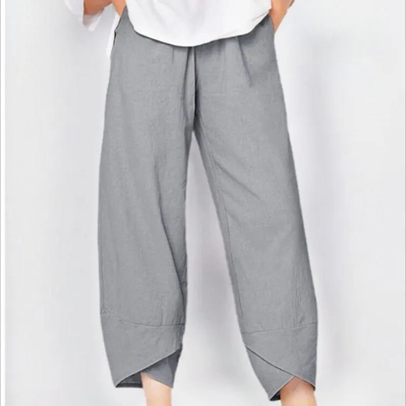 Vintage Print Women Pants Fashion Irregular Casual High Waist Elastic Waist Straight Loose Trousers Summer Lady Cargo Pantalon - Azara