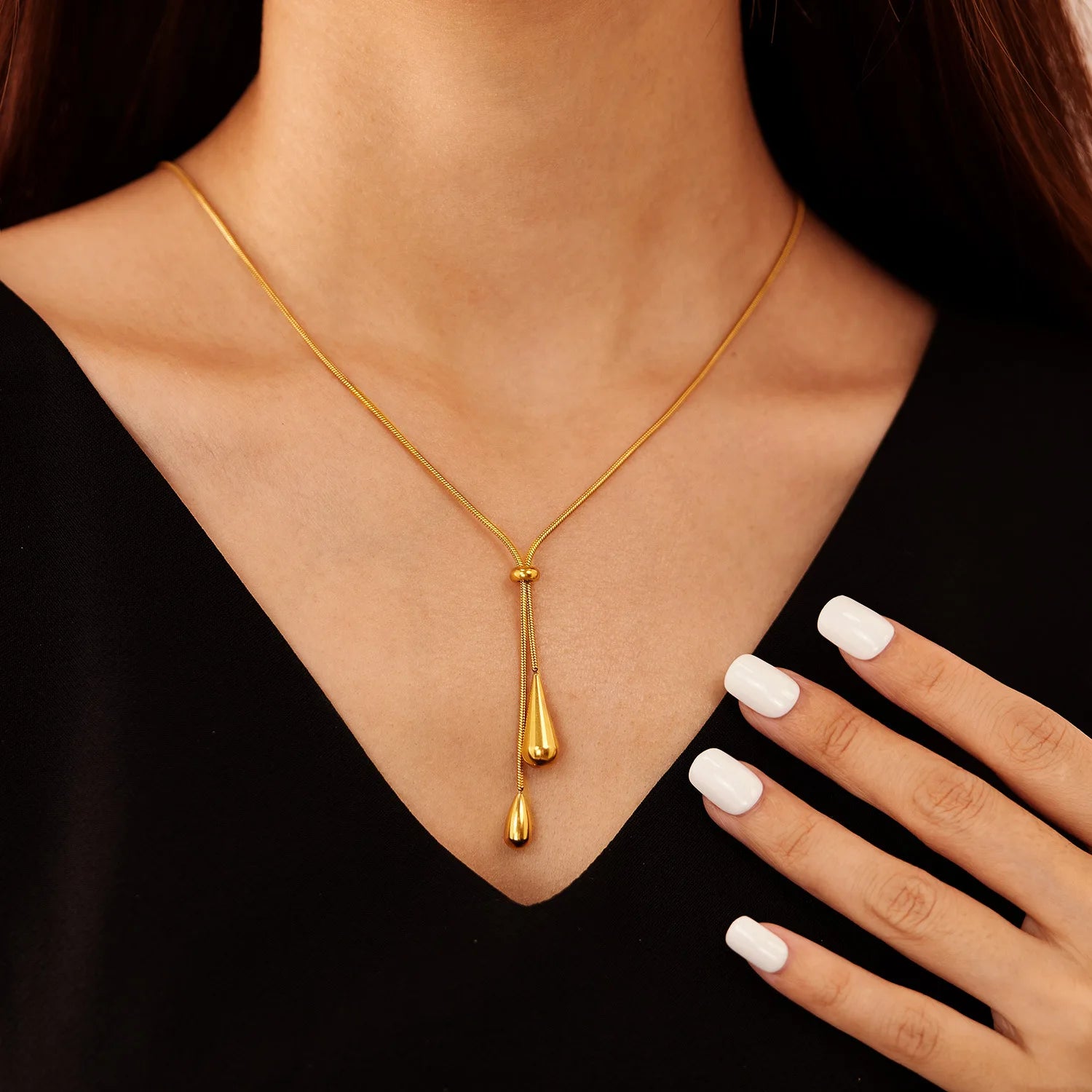 Europe and America Fashion Gold Color Stainless Steel Water Drop Tassel Pendant Necklace for Women Clavicle Chain Paty Jewelry