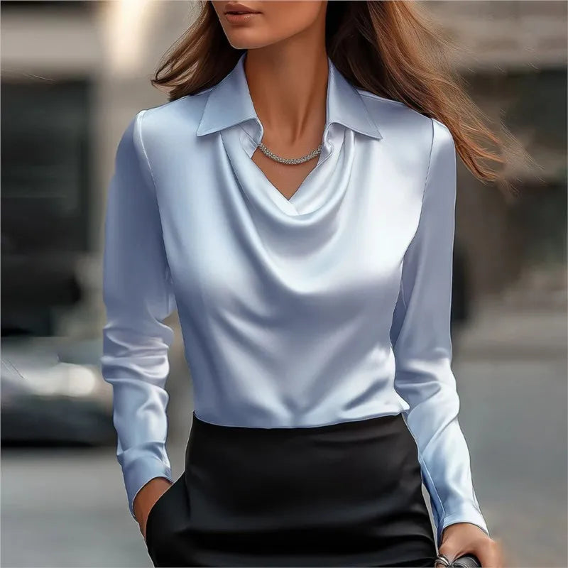 Elegant Women's Satin Shirt Blouse New Print V-neck Swing Neck Long-sleeved Solid Color Loose Shirt Casual Top Office Ladies - Azara
