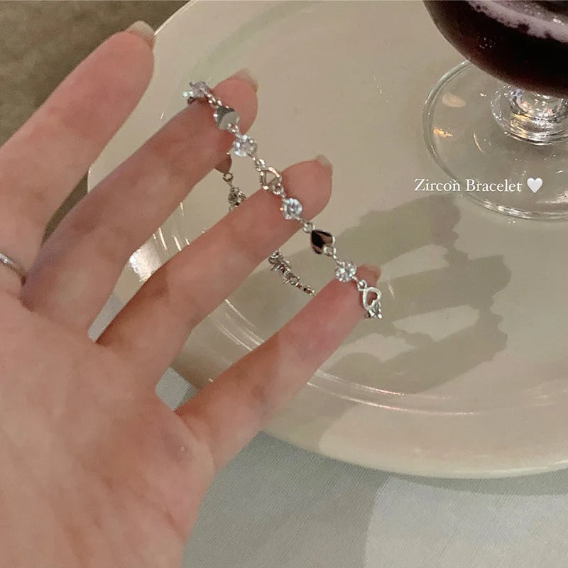 LATS Zircon Ins Bracelets for Women Korean Fashion Sweet Girls Sparkling Hollow Heart Delicate Chain Bracelet Party Jewelry