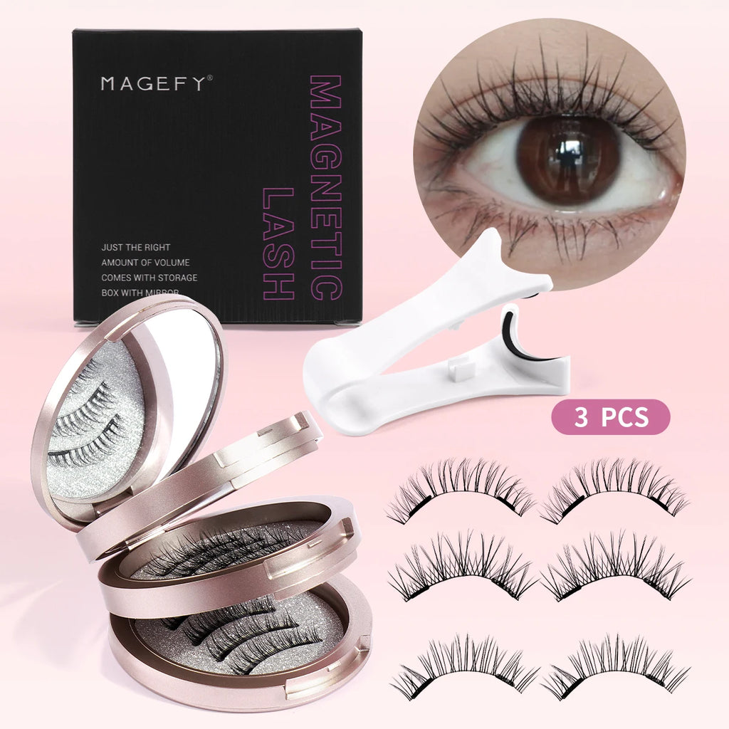 MAGEFY 3 Pairs Magnetic Eyelashes with Applicator Glue Free Reusable Magnetic Lashes Multiple Styles Natural Anime Magnetic Lash