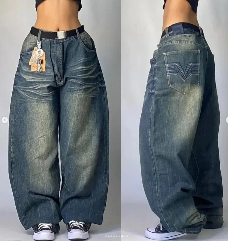 Streetwear New Fashion Vein Bloom Selvedge Printing Baggy Jeans Women Y2K Hip Hop Retro Popular Casual High Waist Wide Leg Pants