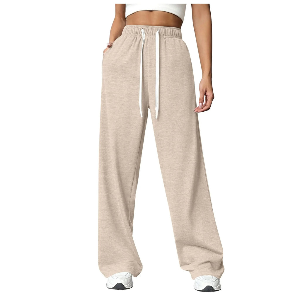 Women New Elastic Waist Pants with Side Pockets Fleece Lined Thick Wide Leg Sweatpants Pure Color Straight Cut