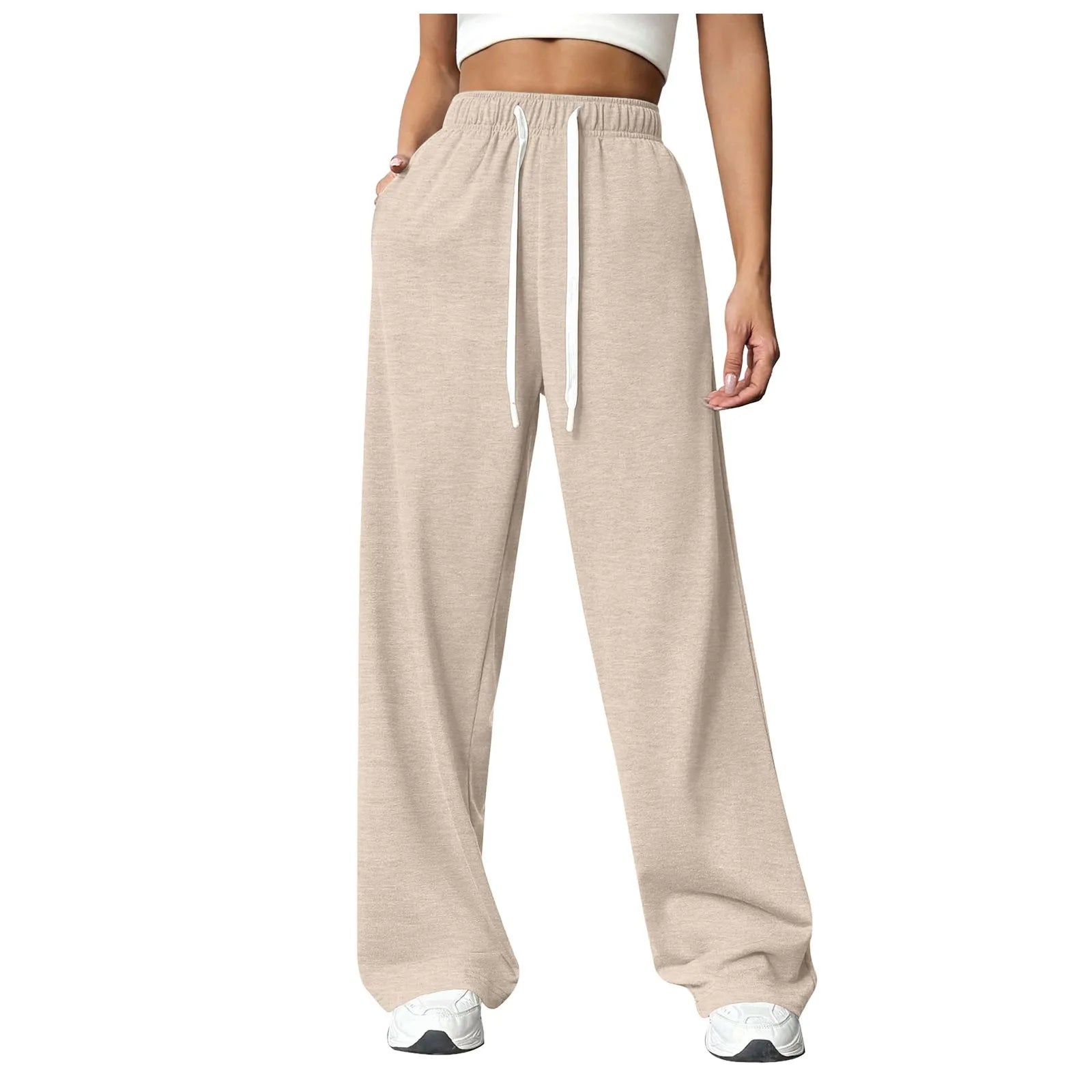 Women New Elastic Waist Pants with Side Pockets Fleece Lined Thick Wide Leg Sweatpants Pure Color Straight Cut