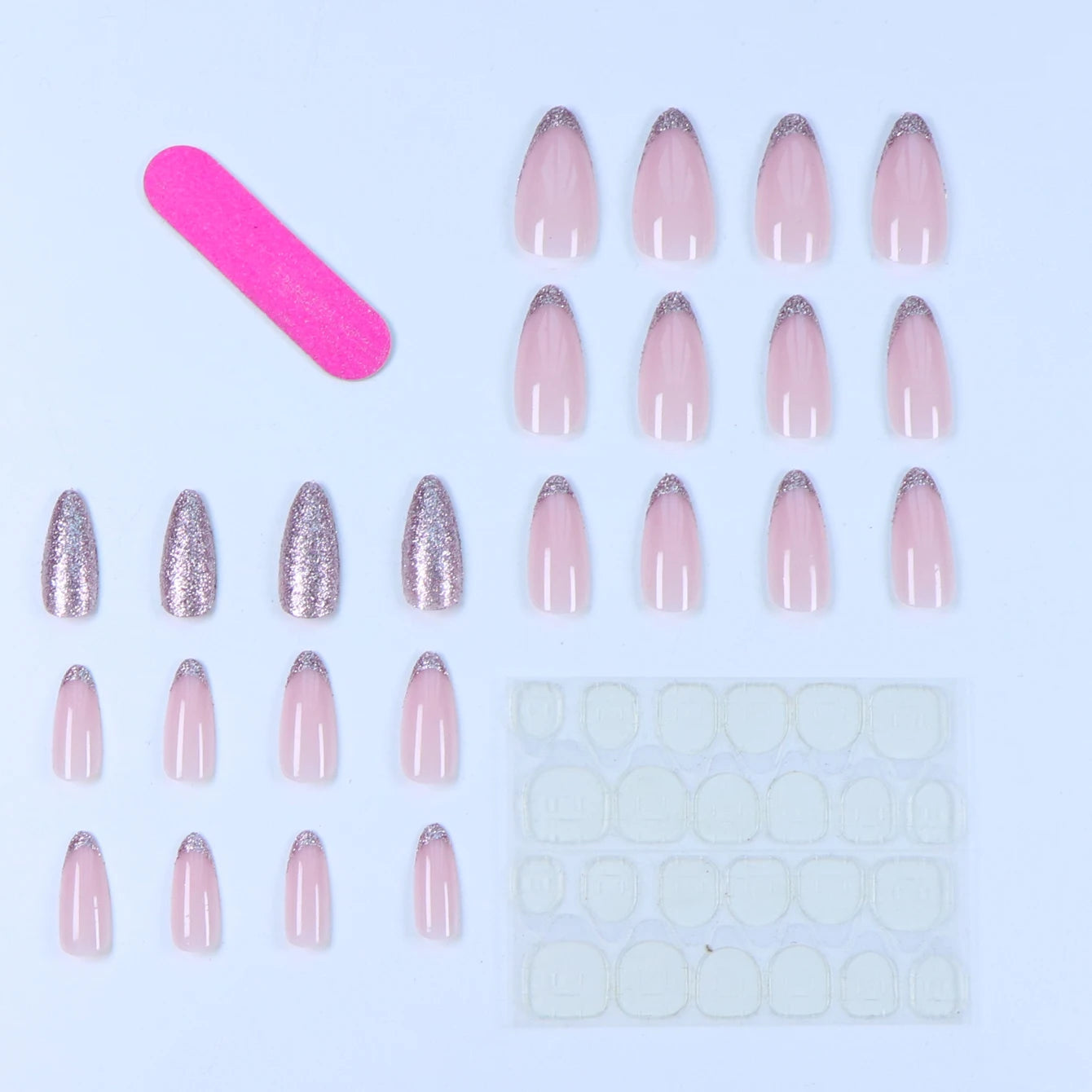 24PCS Pink Glitter French Press-On Nails Short Almond False Nails Glitter Full Cover Gloss Reusable  Nails for Women