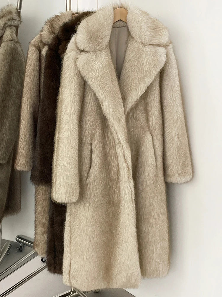 Mueyeruho 2025 Winter Women Faux Fur Jacket Coat Solid Khaki Long Sleeve Thick Warm Overcoat Outwear Fluffy Coat For Women