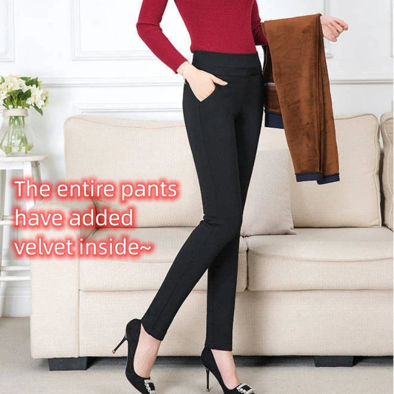 Women's Pant Fleece Thick Thin Black Formal Autumn Winter Slim Femal Clothing Elastic Basics Pencil Pants Office Lady Trousers - Azara