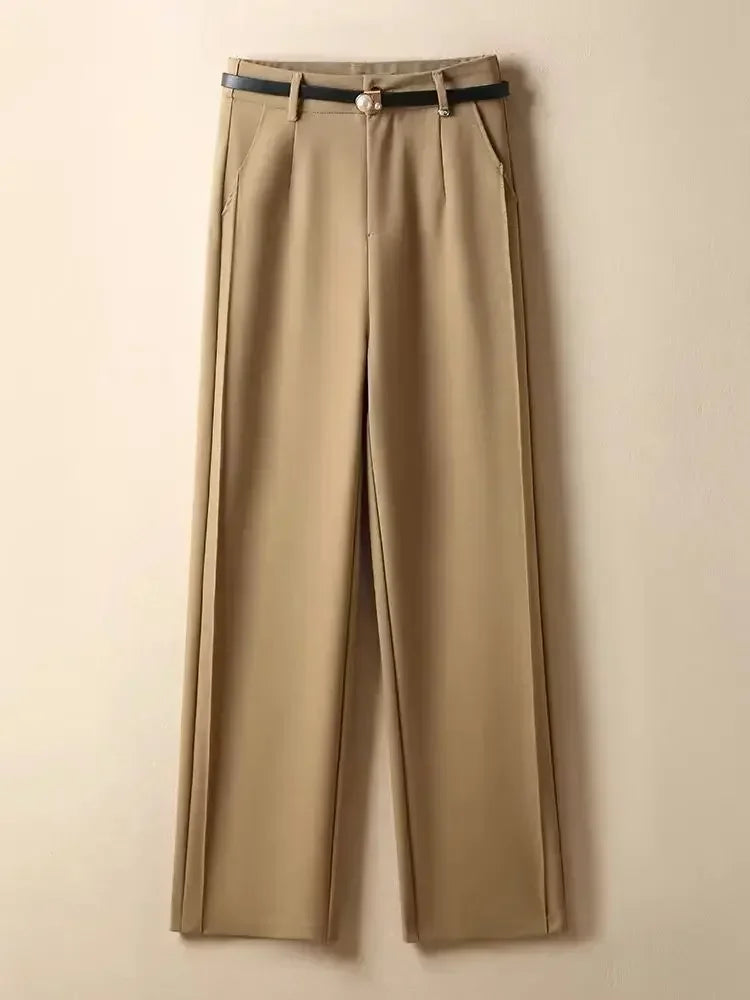 Women's Suit Wide-leg Pants 2025 Autumn New Casual Straight Pants Office Lady Simple Solid Khaki Elegant Black Pants with Belt - Azara