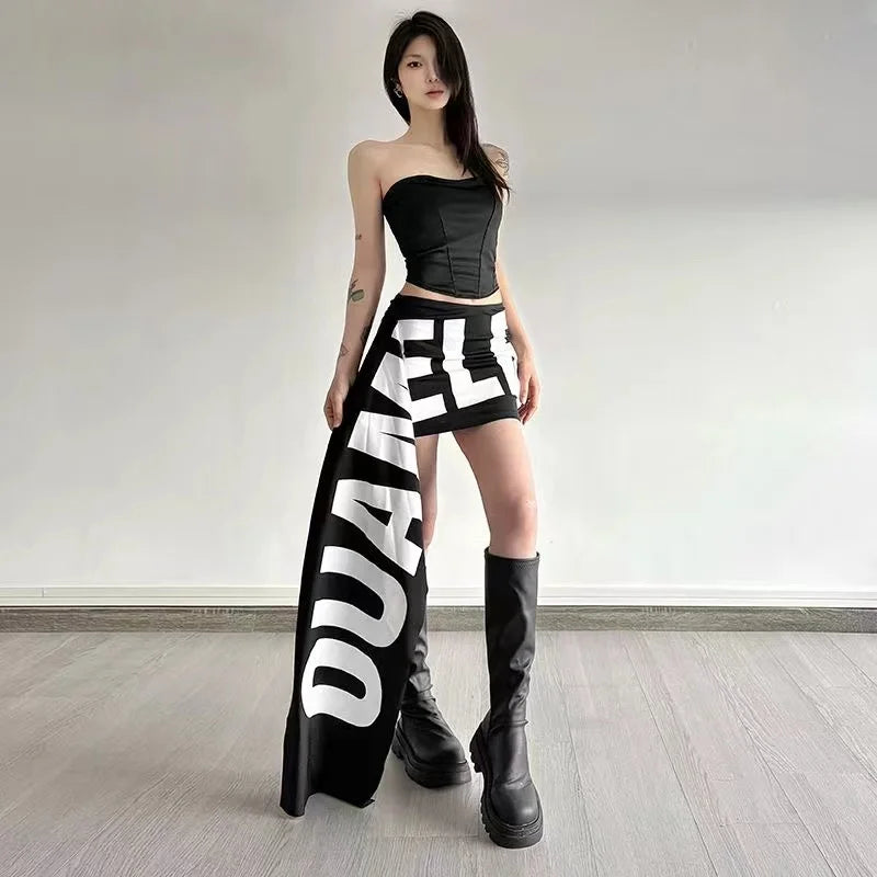 SylCue High Street Street Style Atmosphere Cool Letter Print High Waist Skirt Women's Niche Irregular Skirt - Azara