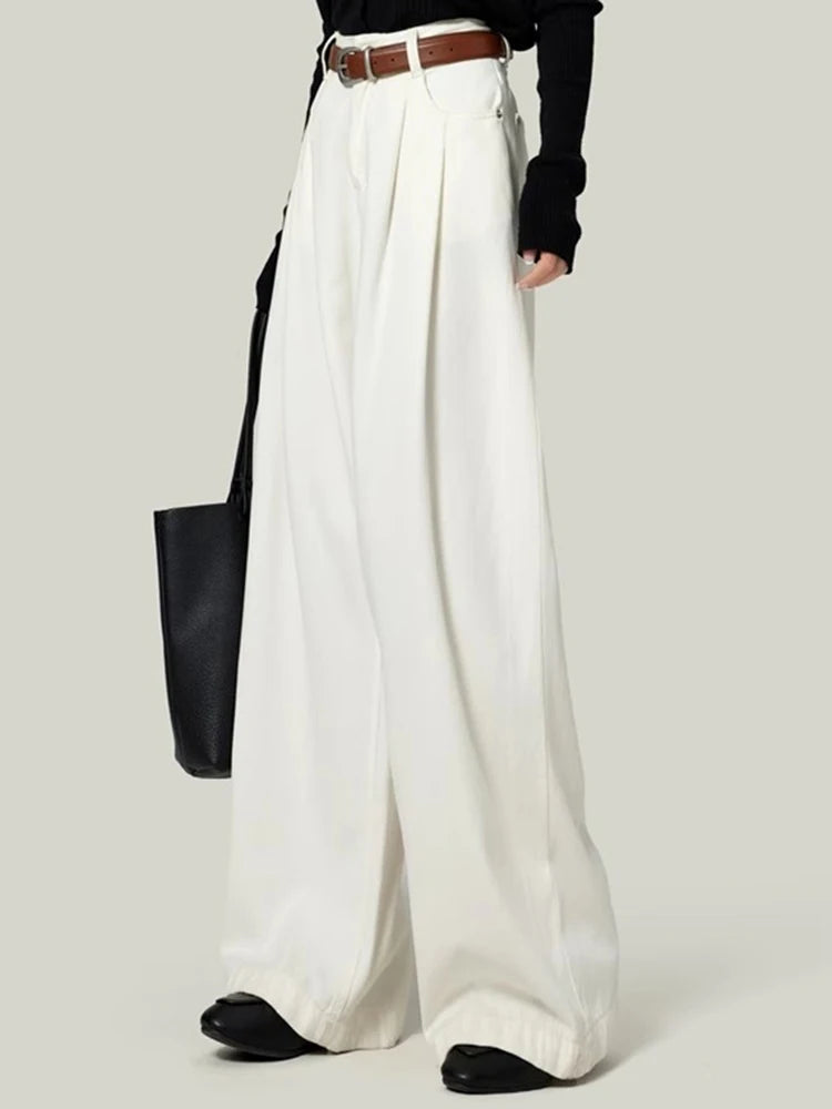 Woman High Waist Straight Leg Jeans Lady Loose Denim Wide Leg Pants Girls Korean Khaki Retro Blue Light Blue Gray White Trousers - Azara