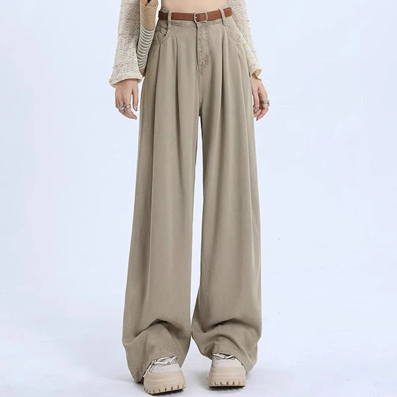 Woman High Waist Straight Leg Jeans Lady Loose Denim Wide Leg Pants Girls Korean Khaki Retro Blue Light Blue Gray White Trousers - Azara