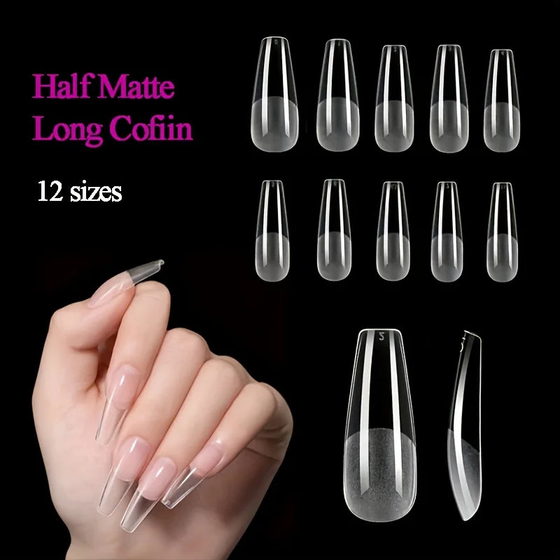 120pcs Pure Color Matte Ballet Coffin Nail Tips Long Transparent Acrylic Fake Nails Pressed Full Coverage Set of 12 Sizes