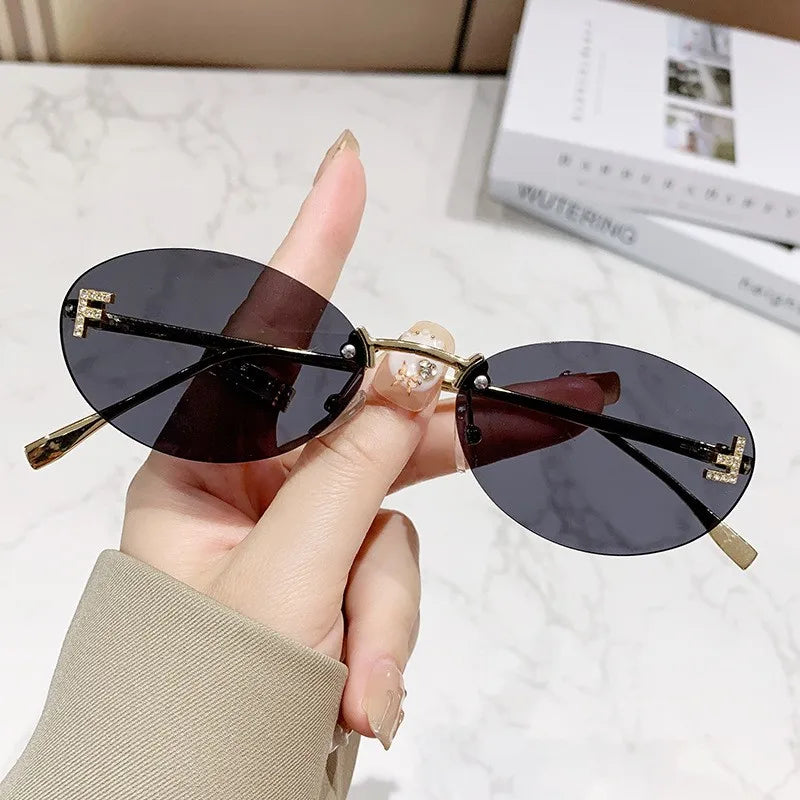 New Frameless Sunglasses Letter F Diamond-set Oval Frame Fashion Trendy Small Frame Car Sunglasses 90902