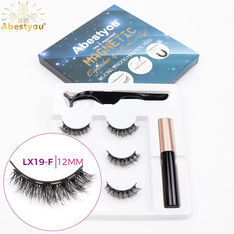Abestyou 3pairs 5d Micro Guantum Magnet Mink Eyelashes Cat Eye False Lashes Waterproof Magnetic Liquid Eyeliner With Tweezer Kit
