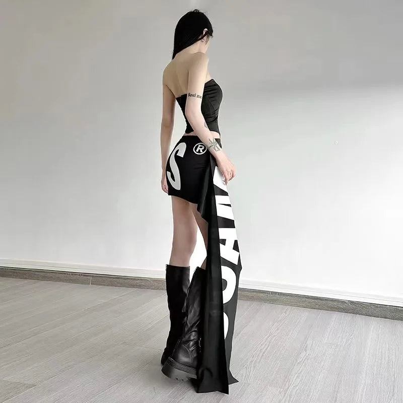 SylCue High Street Street Style Atmosphere Cool Letter Print High Waist Skirt Women's Niche Irregular Skirt - Azara