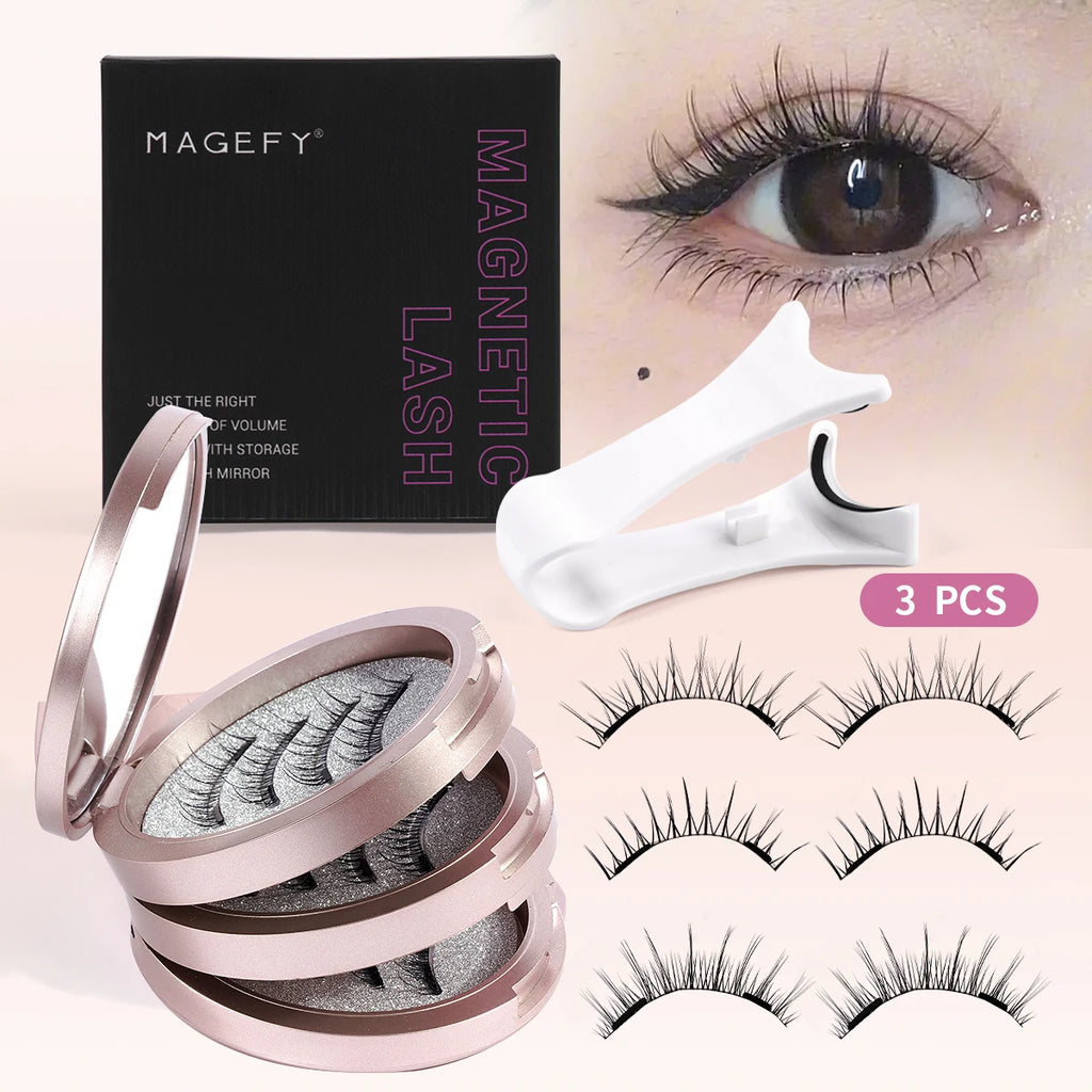 MAGEFY 3 Pairs Magnetic Eyelashes with Applicator Glue Free Reusable Magnetic Lashes Multiple Styles Natural Anime Magnetic Lash