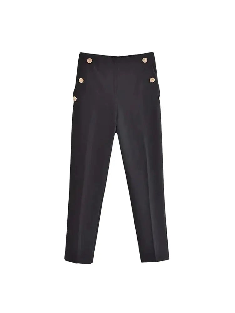 Women Fashion With Metallic Button Straight Pants Vintage High Waist Back Elastic Waistband Female Ankle Trousers Mujer - Azara