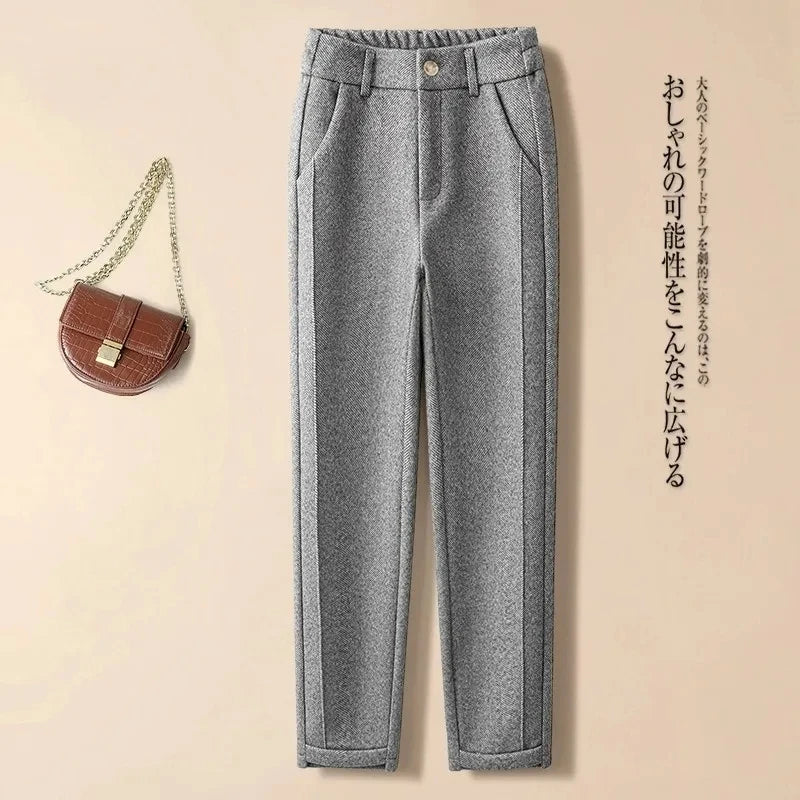 Woolen Herringbone Harem Pencil Elastic High Waist Korean Fashion Women's Pants Casual Office Lady Trousers Suit Pants For Women