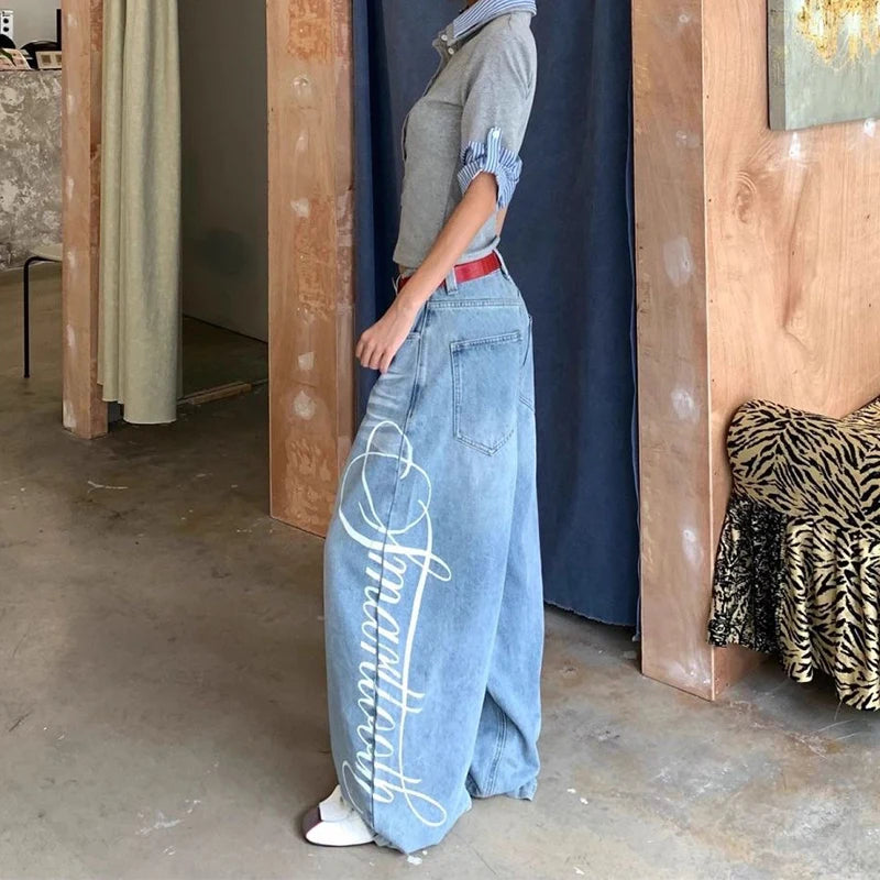 Women Blue Y2k Baggy Boyfriend Jeans Harajuku Vintage Wide Leg Denim Trousers Japanese 2000s Style Jeans Pants Oversize Clothes - Azara
