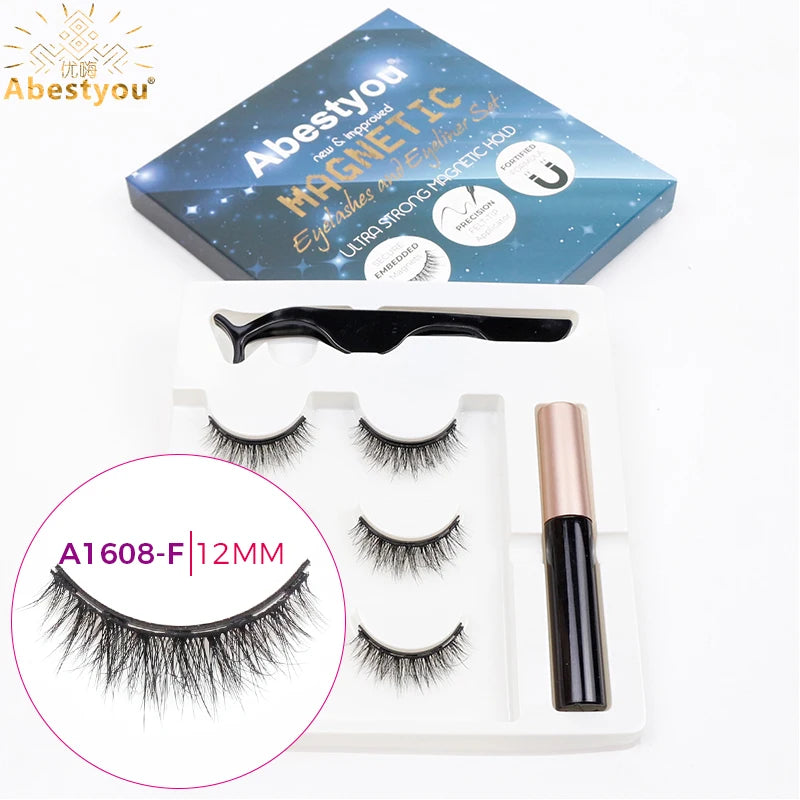 Abestyou 3pairs 5d Micro Guantum Magnet Mink Eyelashes Cat Eye False Lashes Waterproof Magnetic Liquid Eyeliner With Tweezer Kit