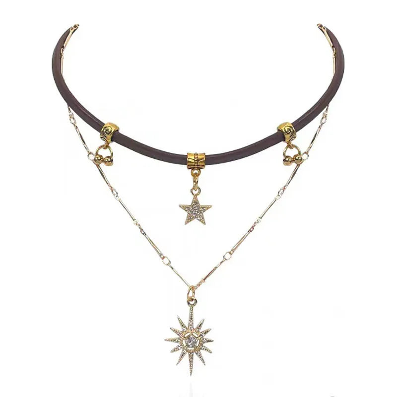 2025 Sun Star Zircon Necklace for Women Vintage Leather Necklace Double Layered Pendant Chain Choker Fashion Jewelry Ожерелье