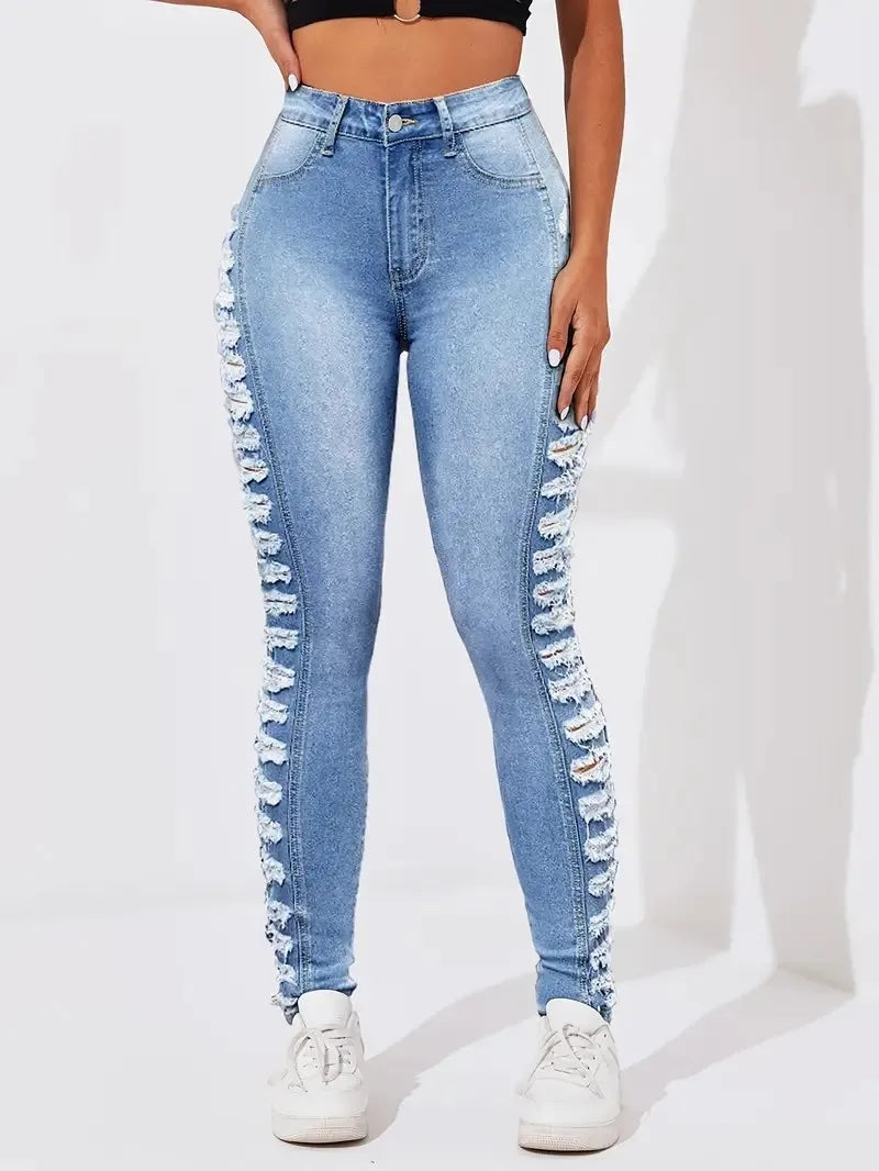 Women's fashionable washing light blue side layered ripped elastic slim fit and hip-retracted casual nine-point foot jeans - Azara