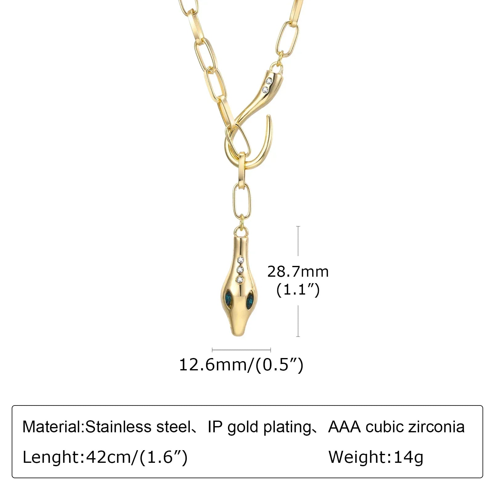 Fashion Zirconia Snake Design Women's Pendant Necklace Stainles Steel Gold Plated Paperclip Chain Jewelry Hot Sales