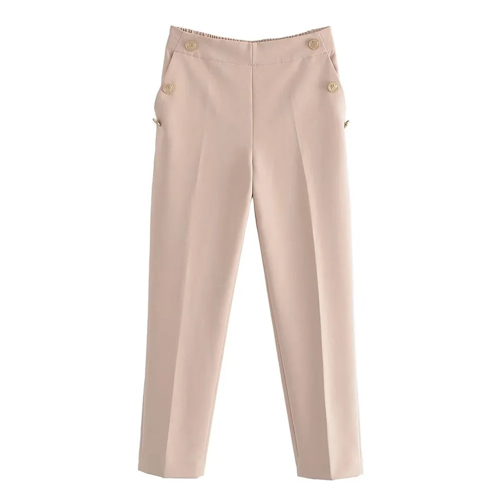 Women Fashion With Metallic Button Straight Pants Vintage High Waist Back Elastic Waistband Female Ankle Trousers Mujer - Azara