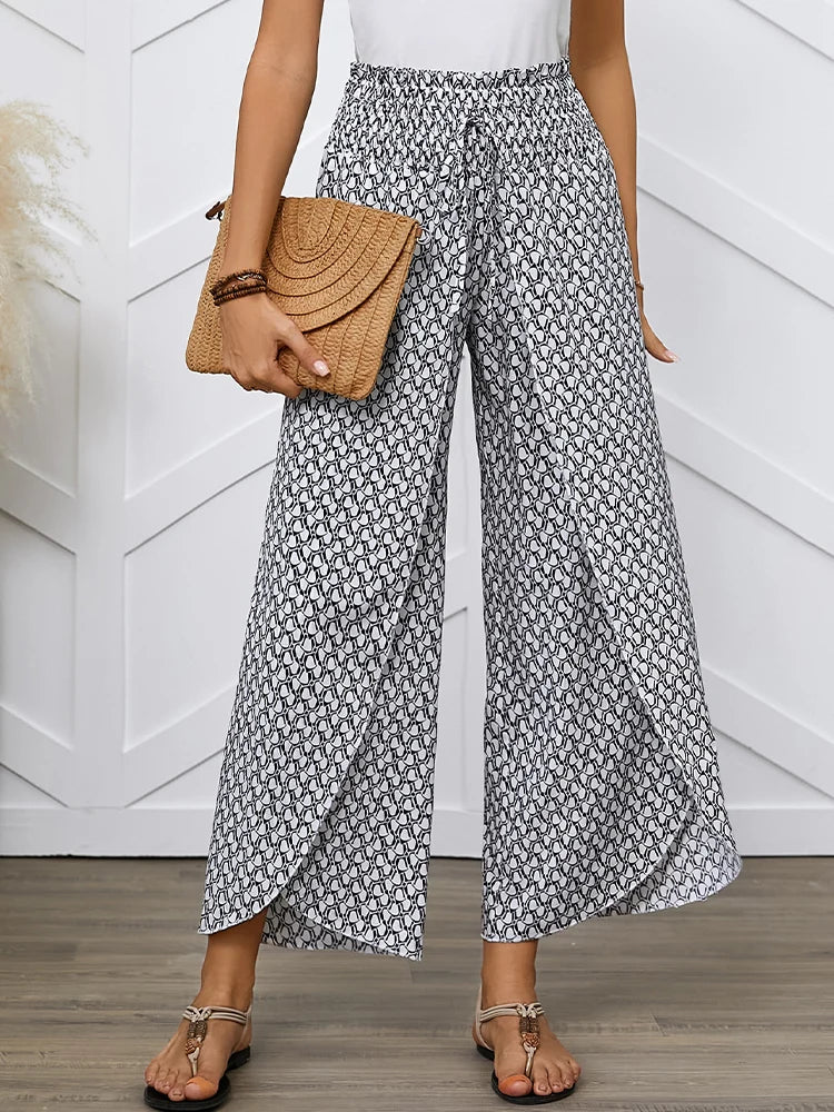 Spring/Summer Women's French Style Full Print Waist Tulip Hem Wide Leg Loose Crossed Long Pants - Azara