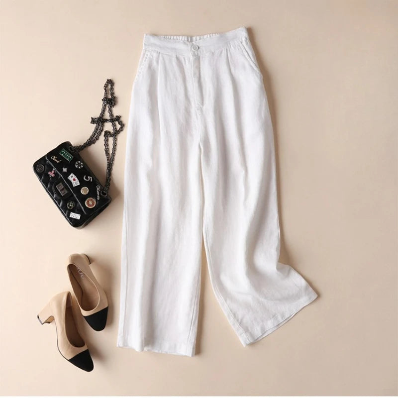 Spring Summer Cotton Linen Wide-leg Pants for Women Loose Casual Thin Nine-point Pants Comfortable Female Trousers - Azara