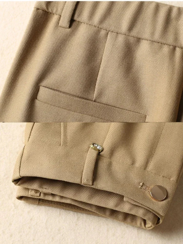 Women's Suit Wide-leg Pants 2025 Autumn New Casual Straight Pants Office Lady Simple Solid Khaki Elegant Black Pants with Belt - Azara