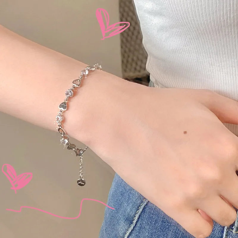LATS Zircon Ins Bracelets for Women Korean Fashion Sweet Girls Sparkling Hollow Heart Delicate Chain Bracelet Party Jewelry