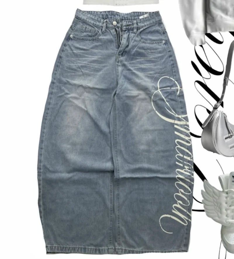 Streetwear New Fashion Vein Bloom Selvedge Printing Baggy Jeans Women Y2K Hip Hop Retro Popular Casual High Waist Wide Leg Pants