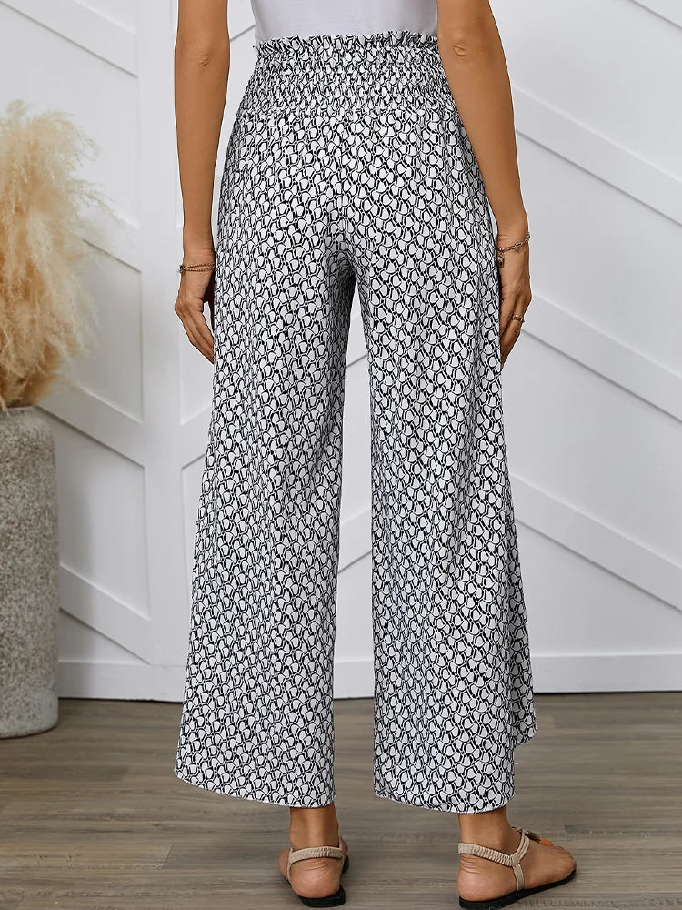 Spring/Summer Women's French Style Full Print Waist Tulip Hem Wide Leg Loose Crossed Long Pants - Azara