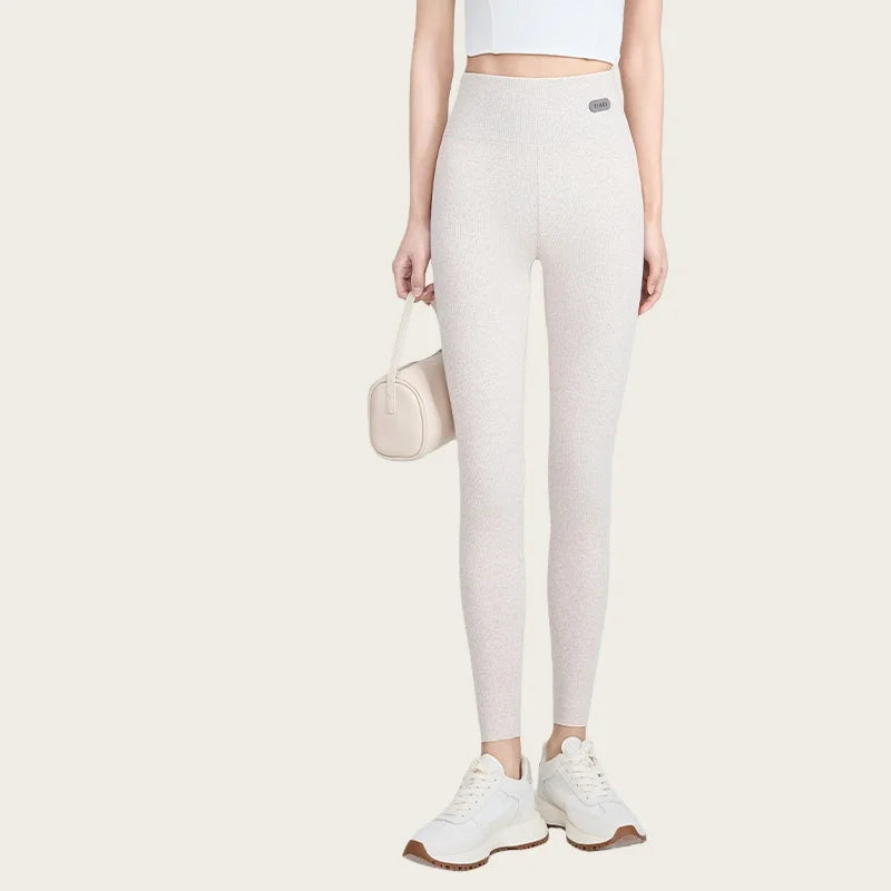 Women's High-Waisted Slimming Leggings Stripes Cotton-Feel Seamless Thermal Tights Soft Stretch Fabric