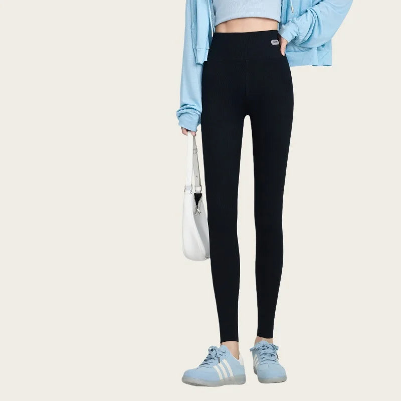 Women's High-Waisted Slimming Leggings Stripes Cotton-Feel Seamless Thermal Tights Soft Stretch Fabric