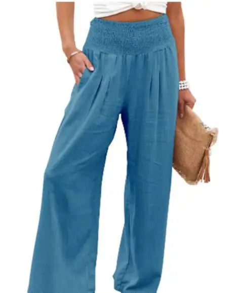 Women's casual pants with drawstring, mid waist, beach wide leg, spring and summer, European and American pants - Azara