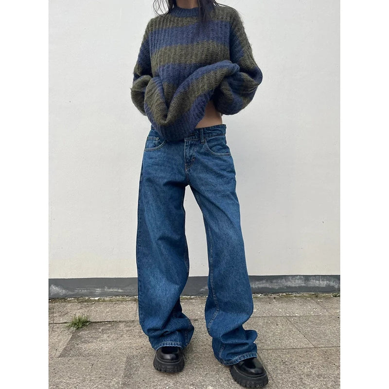 YIBASHU Autumn Winter Women Blue Denim Pants Low Rise Y2K Baggy Jean Japanese Dark Academia Cowboy Harajuku Grunge Stacked Jeans - Azara