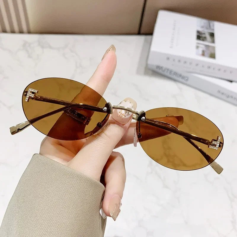 New Frameless Sunglasses Letter F Diamond-set Oval Frame Fashion Trendy Small Frame Car Sunglasses 90902