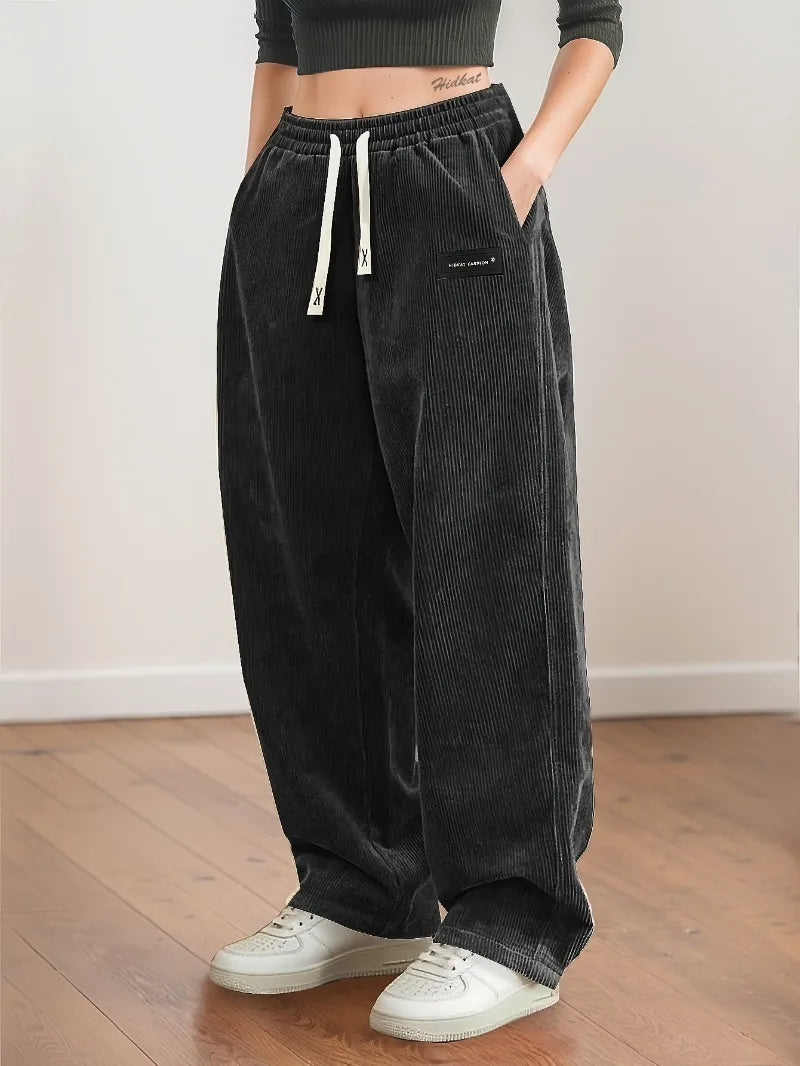 Women's Corduroy Pants Texture Straight-Leg Trousers with Drawstring Waist & White Piping - All-Season Casual to Semi-Formal - Azara