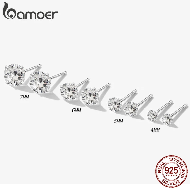 Bamoer CZ Stud Earrings 925 Sterling Silver Platinum Plated Round Cubic Zirconia Hypoallergenic Barbell Earrings 4-7mm